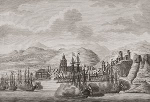 Nederlandse vloot bij Malaga, Spanje 1784 die saluut afvuurt. (prent) door Antonio (after) Suntach