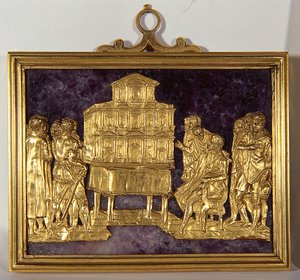 Bernardo Buontalenti (1531-1608) presenteert een model van de gevel van de kathedraal van Santa Maria del Fiore, ca. 1587 (goud op edelsteen)