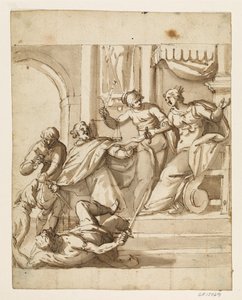 Allegorische compositie met Justitia die een troonende koningin weerhoudt van tussenkomst met haar zwaard in een gevecht tussen twee mannen voor de troon, terwijl een derde met een sleutel een hond voedt