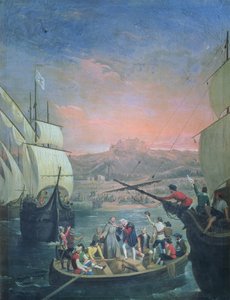 Vertrek van de Santa Maria, de Pinta en de Nina uit Palos in 1492