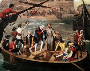 Vertrek van de Santa Maria, de Pinta en de Nina uit Palos in 1492 door Antonio Cabral Bejarano