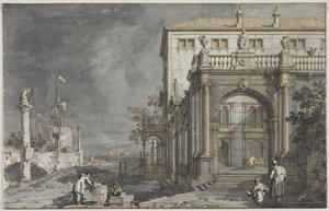 Capriccio: Een paleis met een binnenplaats aan de lagune, c. 1750-1755
