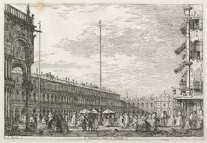 Gezichten: Het Procuratorspaleis en de kerk van St. Géminien, Venetië, 1735-1746 door Giovanni Antonio Canal