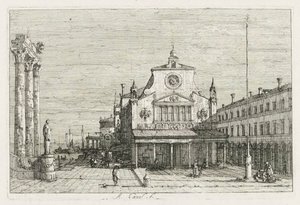 Zichten: Drie zuilen en een standbeeld aan de kust, 1735-1746 door Giovanni Antonio Canal