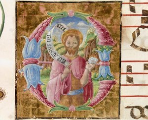 Sint Johannes de Doper. Detail van een antiphonarium. 1483. Cremona, choral 4, capitolo del duomo door Antonio Cicognara