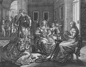 Lucretia en haar dienstmeisjes aan het spinnen, 1537-45