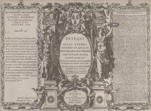Frontispice voor Tekeningen van de oorlog, belegering en aanval van het Turkse leger op het eiland..., 1631 door Antonio Francesco Lucini