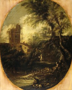 Landschap met kluizenaar, pelgrim en boerin door Antonio Francesco Peruzzini (attributed to)