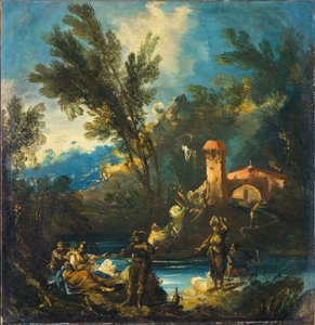 Een bebost rivierlandschap met figuren door Antonio Francesco Peruzzini