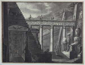 Toneelontwerp, Binnenplaats van een Egyptische Tempel door Antonio Giuseppe Basoli