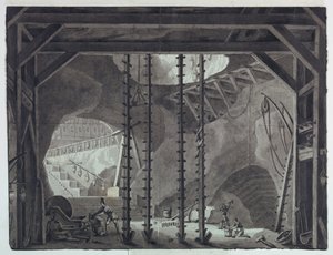 Toneelontwerp, Mannen Bouwen Gebouw in Grot