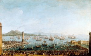 Vertrek van Karel van Bourbon naar Spanje, gezien vanaf de haven door Antonio Joli