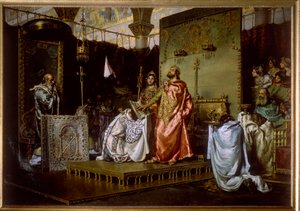 Bekering van Reccared tot het katholicisme op het Derde Concilie van Toledo door Antonio Munoz Degrain