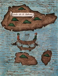 Islas de los Ladrones (vandaag Marianen), gekleurde houtsnede uit Relazione del primo viaggio intorno al mondo con Ferdinando Magellano door Antonio Pigafetta