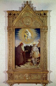 Verschijning van de Maagd aan Sint Antonius Abt (Sint Antonius de Grote) en Sint Joris. Schilderij door Antonio di Puccio Pisano, genaamd Pisanello