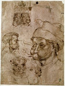 Vier mannenhoofden, waarvan twee met drie gezichten. Een altaarstuk. Een paard. Tekeningen uit het atelier van Antonio di Puccio Pisano, genaamd Pisanello (1395-1455). Bruine inkt, pen (tekening), bloed. Dim: 27,1x20,5cm. Louvre, Cabinet des medailles. door Antonio Pisanello