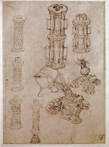 Drie helmen met kammen en twee stukken kanonnen. Tekening door Antonio di Puccio Pisano, genaamd Pisanello