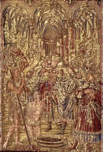 St. Johannes de Doper kondigt de missie van Christus aan de farizeeën aan, wandtapijt met scènes uit het leven van de heilige