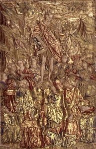St. Johannes de Doper predikt tot de menigte, wandtapijt met scènes uit het leven van de heilige door Antonio Pollaiuolo