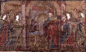 De Aankondiging aan Zacharias, wandtapijt met scènes uit het leven van St. Johannes de Doper door Antonio Pollaiuolo