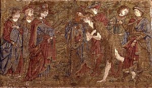 De ontmoeting tussen St. Johannes de Doper en Christus, wandtapijt met scènes uit het leven van de heilige door Antonio Pollaiuolo