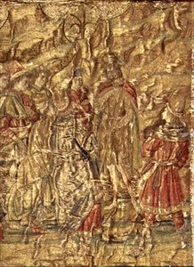 De ontmoeting tussen St. Johannes de Doper en de belastinginners, wandtapijt met scènes uit het leven van de heilige door Antonio Pollaiuolo