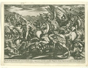 Aanval van de cavalerie met twee door speren doorboorde mannen. Gevechtsscènes (serie 3) (series title) door Antonio Tempesta