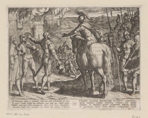 De Romeinen verbranden het Nederlandse platteland De Bataafse oorlogen tegen de Romeinen (serietitel) Batavorum cum Romanis Bellum (serietitel) door Antonio Tempesta
