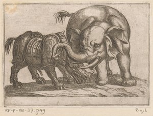 Een neushoorn vecht met een olifant door Antonio Tempesta