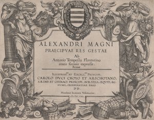 Frontispice van het leven van Alexander de Grote, links is Bellona en rechts een vrouwelijk figuur..., 1608