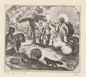 God verbiedt Adam en Eva van de boom der kennis te eten door Antonio Tempesta