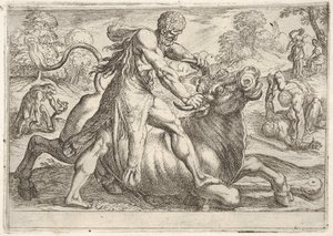 Hercules en Achelous: in het midden grijpt Hercules de hoorns van een stier terwijl hij zijn ri...