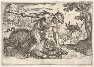 Hercules en het Erymanthische Zwijn: Hercules houdt de snuit van het zwijn vast met zijn linkerhand door Antonio Tempesta