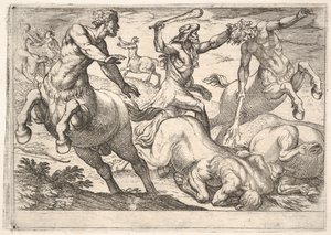 Hercules en de centauren: Hercules houdt het hoofd van een centaur vast met zijn linkerhand en heft..., 1608 door Antonio Tempesta