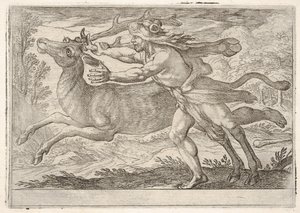 Hercules en de hinde van de berg Cerynea: Hercules loopt naast de hinde en grijpt de...