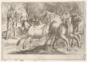 Hercules en de ossen van Geryones: met een opgeheven knuppel in zijn rechterhand, Hercules geconfronteerd door Antonio Tempesta