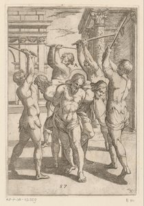 Het slaan van drie heiligen met rug aan elkaar vastgebonden door Antonio Tempesta