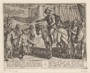Mannen uit het fort geven zich over aan Julius Civilis De Bataafse oorlogen tegen de Romeinen (serietitel) Batavorum cum Romanis Bellum (serietitel) door Antonio Tempesta