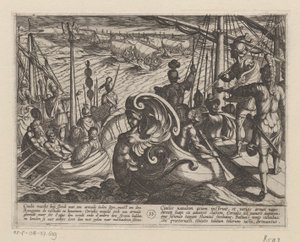 Nederlandse en Romeinse schepen op de Rijn door Antonio Tempesta