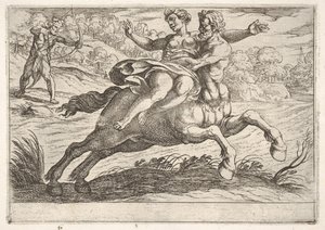 Nessus probeert Dejanira van Hercules te nemen: Nessus houdt Dejanira op zijn rug..., 1608