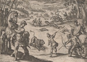 Plaat 11: Alexanders Leeuwenjacht, uit De Daden van Alexander de Grote, 1608 door Antonio Tempesta