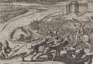 Plaat 12: Een vaartuig geladen met graan naar de kust trekken, uit De oorlog van de Romeinen tegen... door Antonio Tempesta