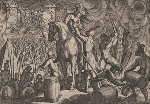 Plaat 13: Aanval op het Romeinse Fort in de Nacht, uit De Oorlog van de Romeinen tegen de Ba..., 1611 door Antonio Tempesta