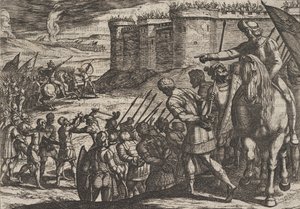 Romeinse gevangenen voor het oude fort, uit De oorlog van de Romeinen tegen de B... door Antonio Tempesta