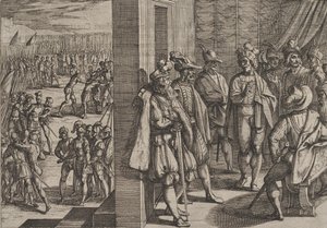 Plaat 18: Geheime bijeenkomst van Civilis met andere leiders uit Trier, uit De Oorlog van de Romeinen, 1611
