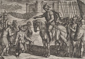 Plaat 19: Mannen van het Fort Geven Zich Over en Beloven Hun Levens aan Civilis, uit De Oorlog, 1611 door Antonio Tempesta