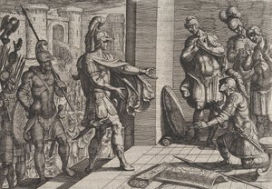 Cerialis vergeeft en helpt Romeinse soldaten die Civilis hebben geholpen, uit De Wa... door Antonio Tempesta