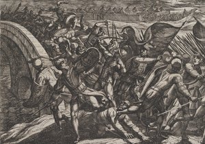 De Nederlanders tijdens een verrassingsaanval op het Romeinse kamp aan de Moezel, uit De Wa..., 1611