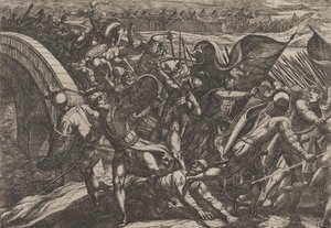 Plaat 27: De Nederlanders Tijdens een Verrassingsaanval op het Romeinse Kamp aan de Moezel, uit De Wa..., 1611