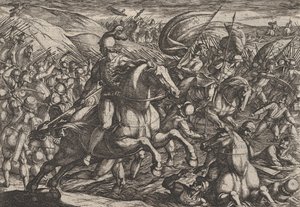 Plaat 30: Cerialis drijft de Nederlanders de Rijn in, uit De oorlog van de Romeinen tegen de..., 1611 door Antonio Tempesta